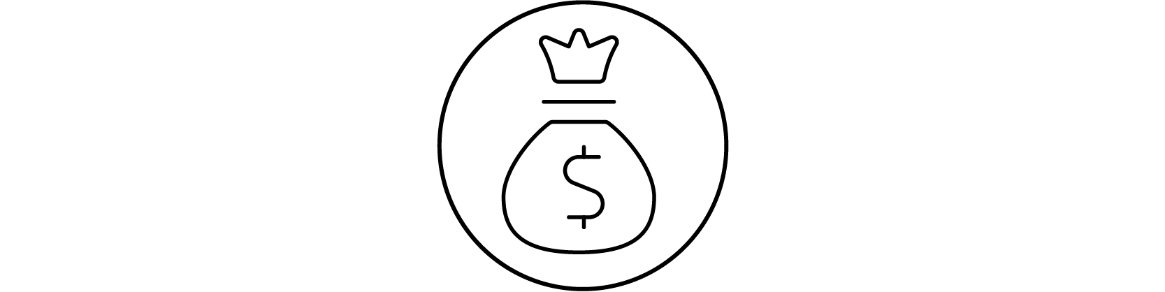 Line icon of a money bag with a dollar sign and crown inside a circle.